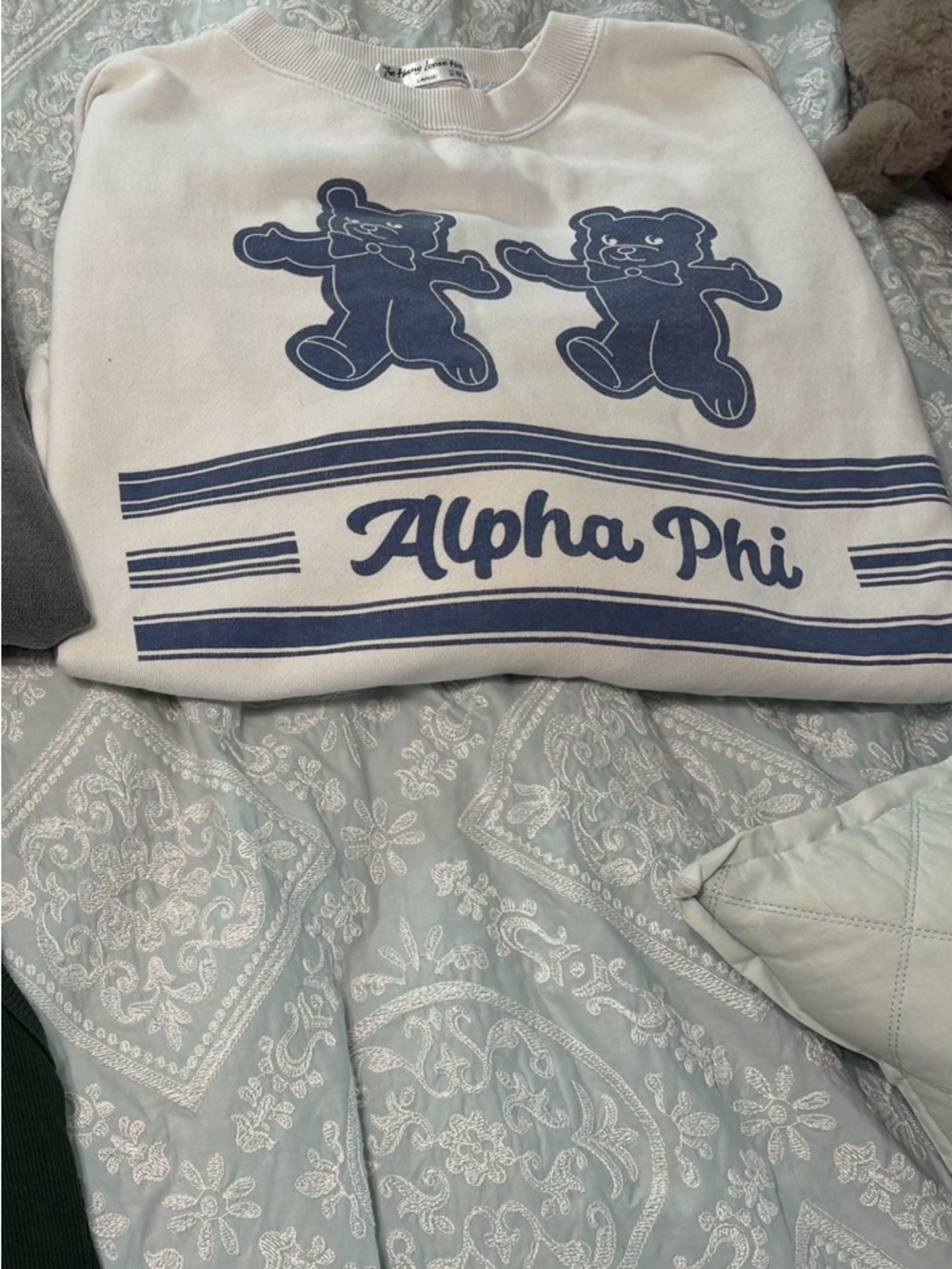 Alpha Phi Cream Sweatshirt with Navy Bear Graphic